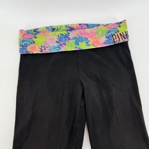 PINK Yoga Victoria's Secret Black Leggings Floral Foldover Waist Women's Large